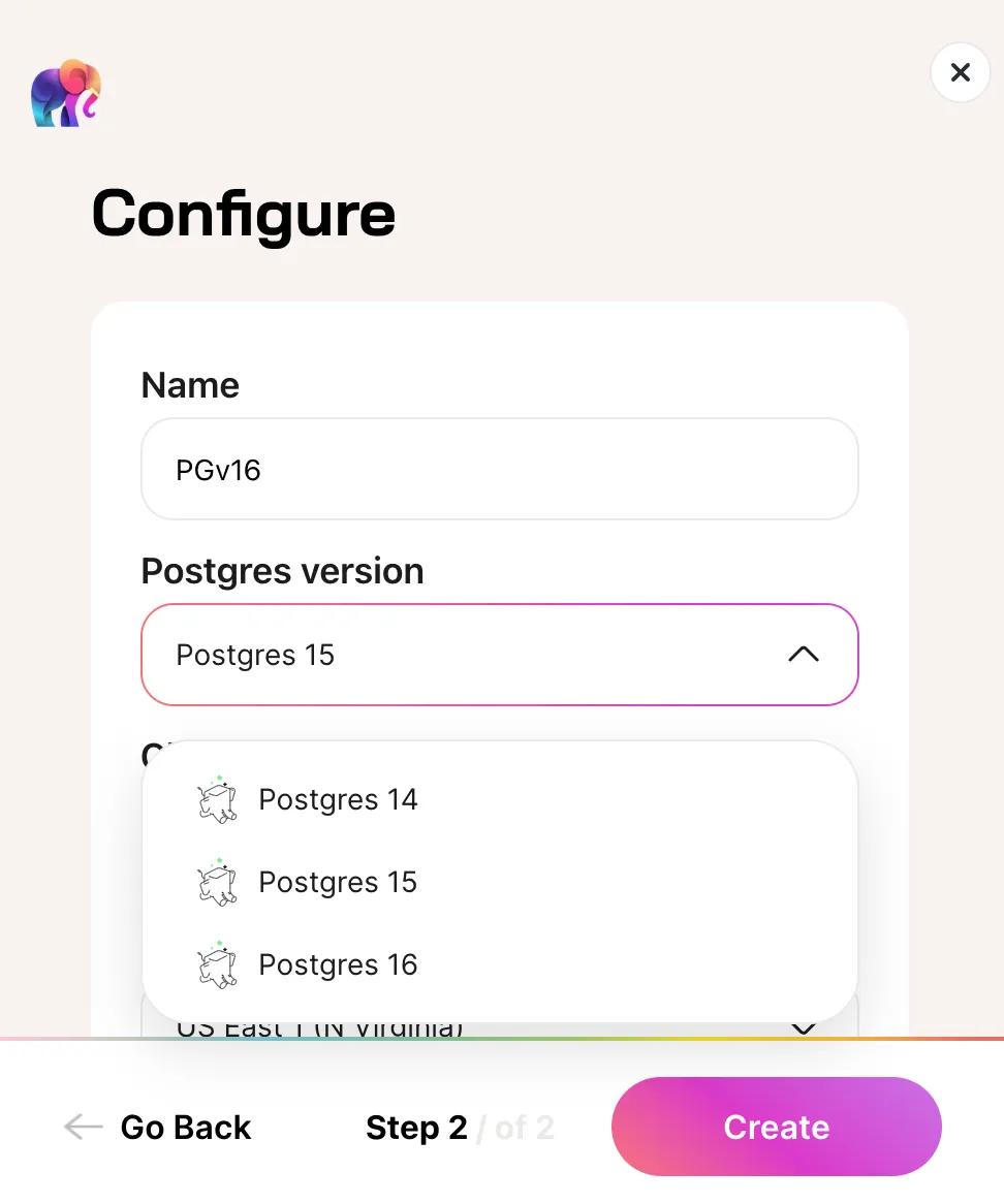 Screenshot of the Tembo Cloud instance creation process